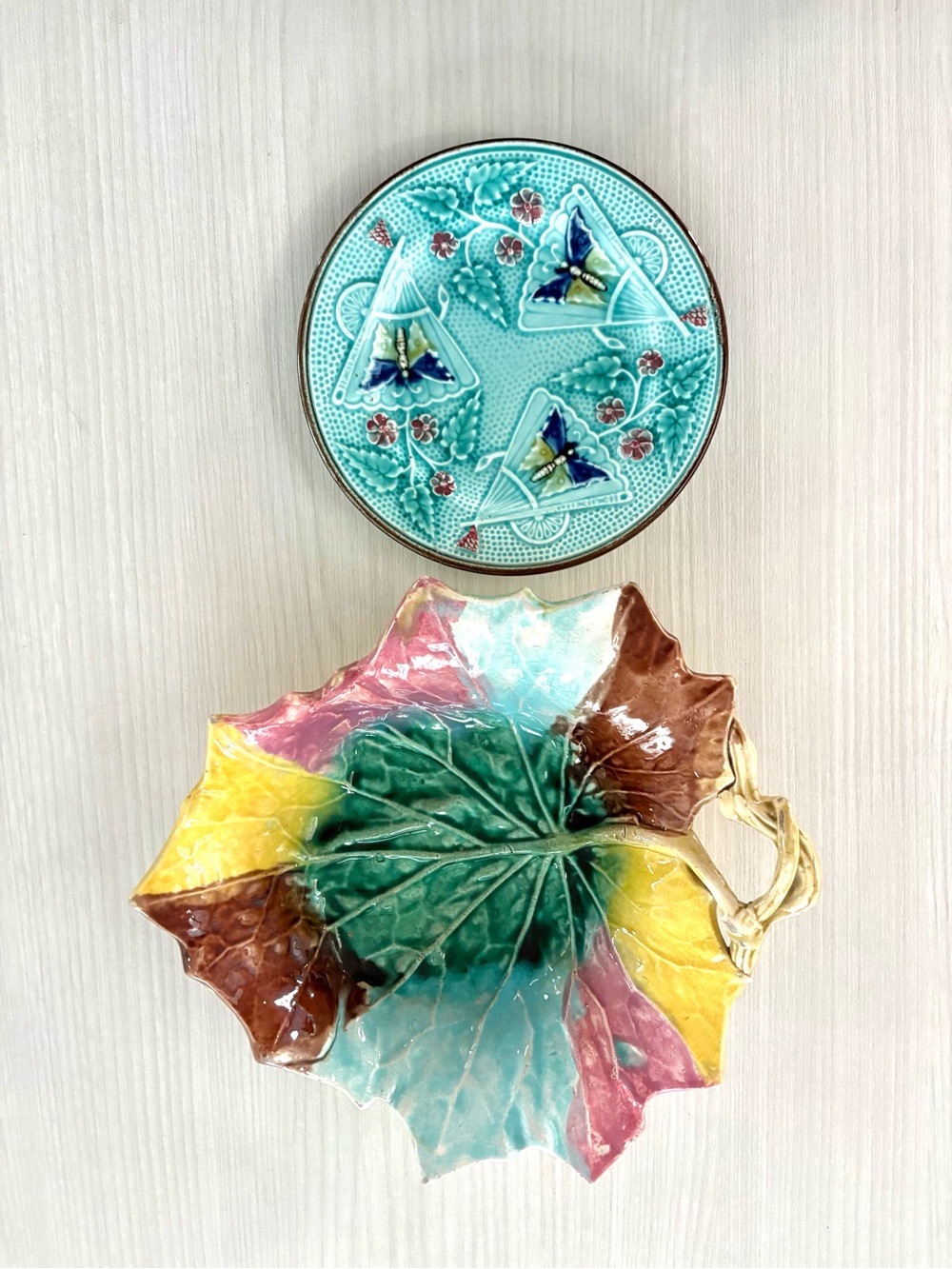 Vintage Majolica leaf bowl and butterfly plate in wonderful condition!